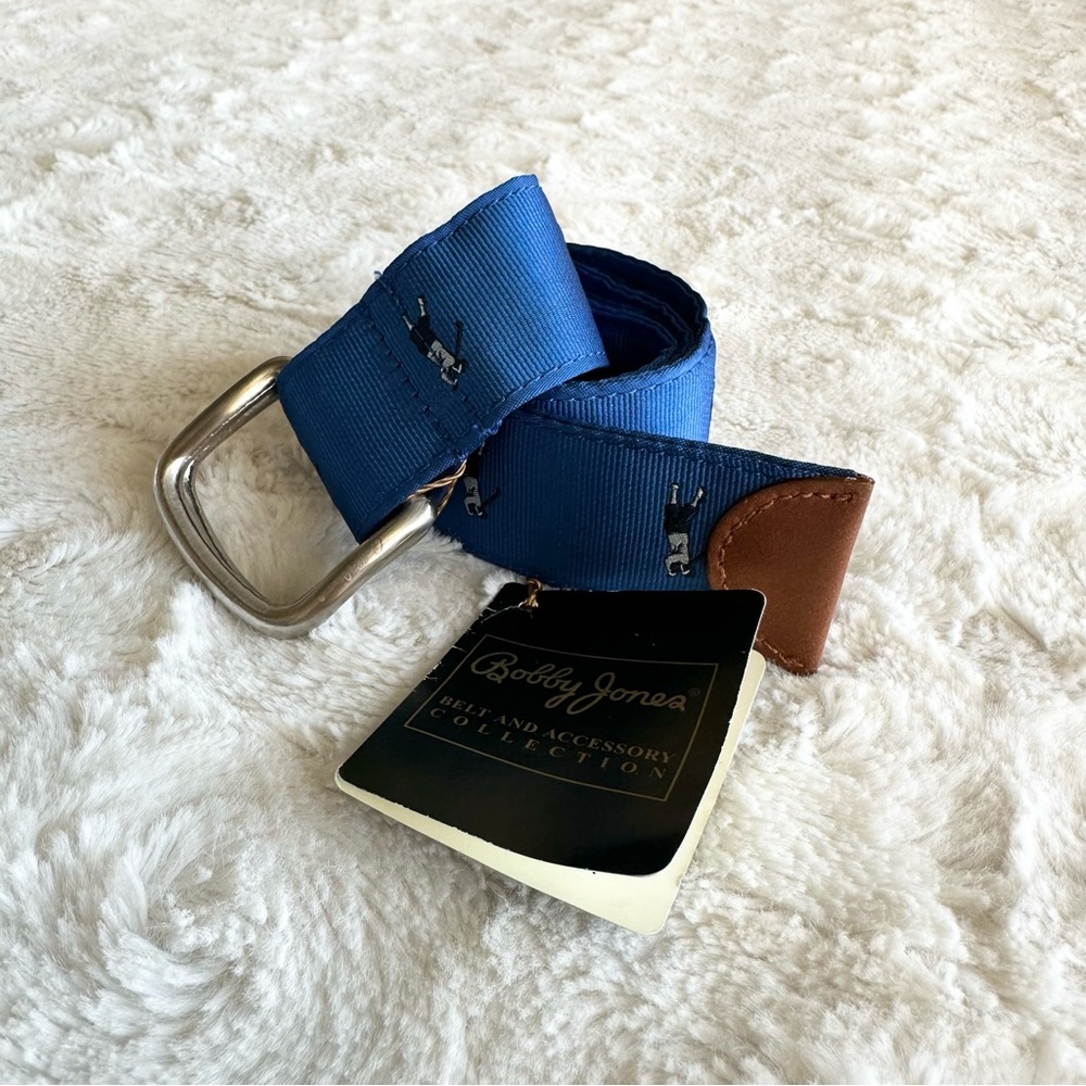 Bobby Jones Belt Mens 34 Blue Golfer Motif D-Ring Adjustable Preppy Fabric NWT